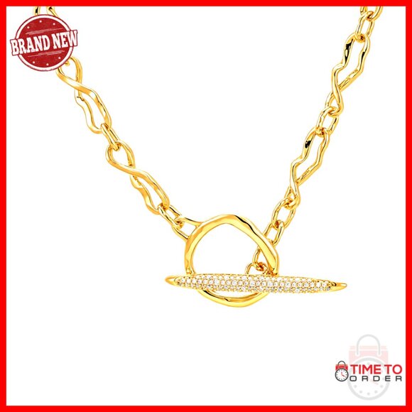 18K Gold Plated Paperclip Chain Necklace with Crystal Bar Toggle